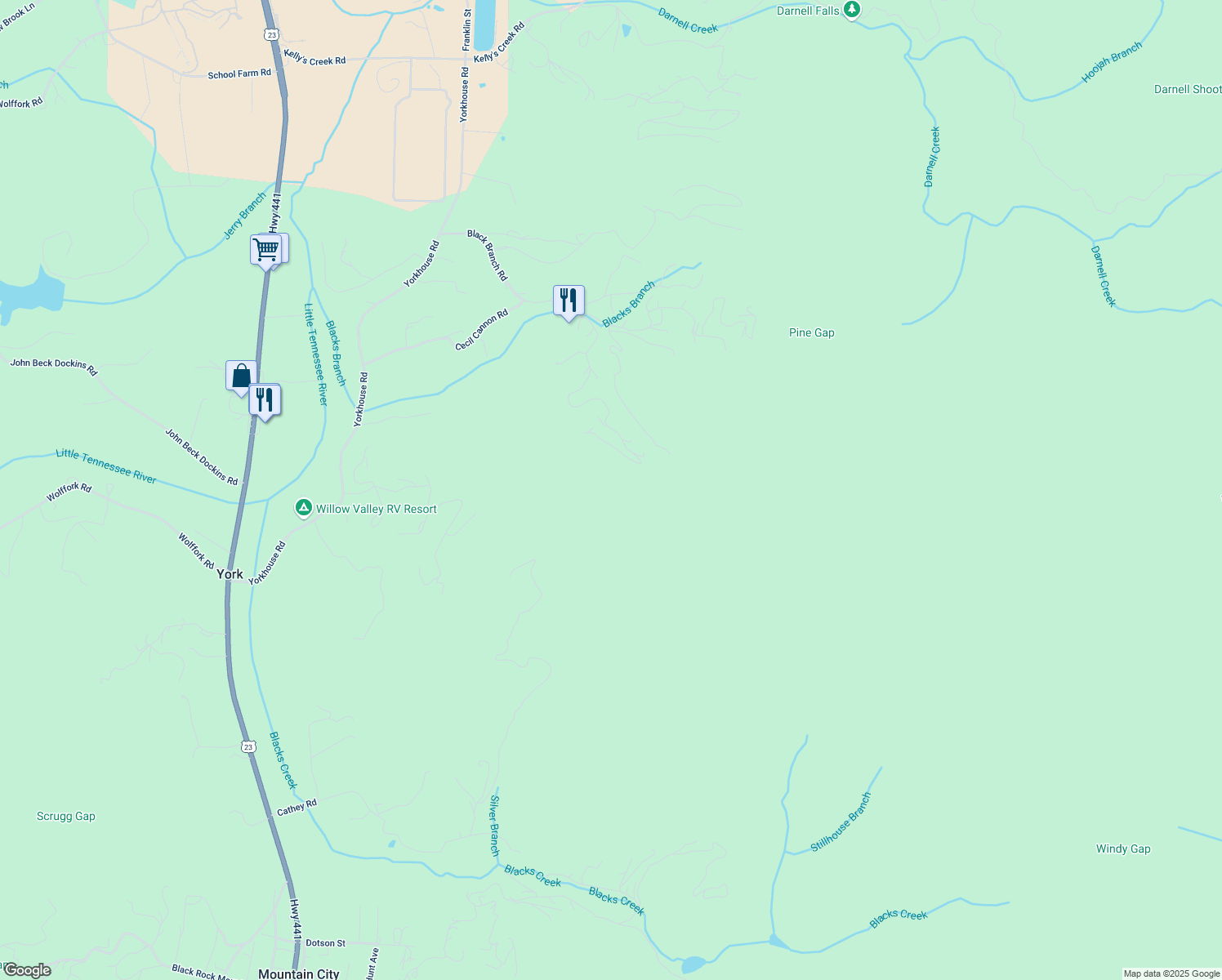 map of restaurants, bars, coffee shops, grocery stores, and more near 333 Favor in Rabun Gap