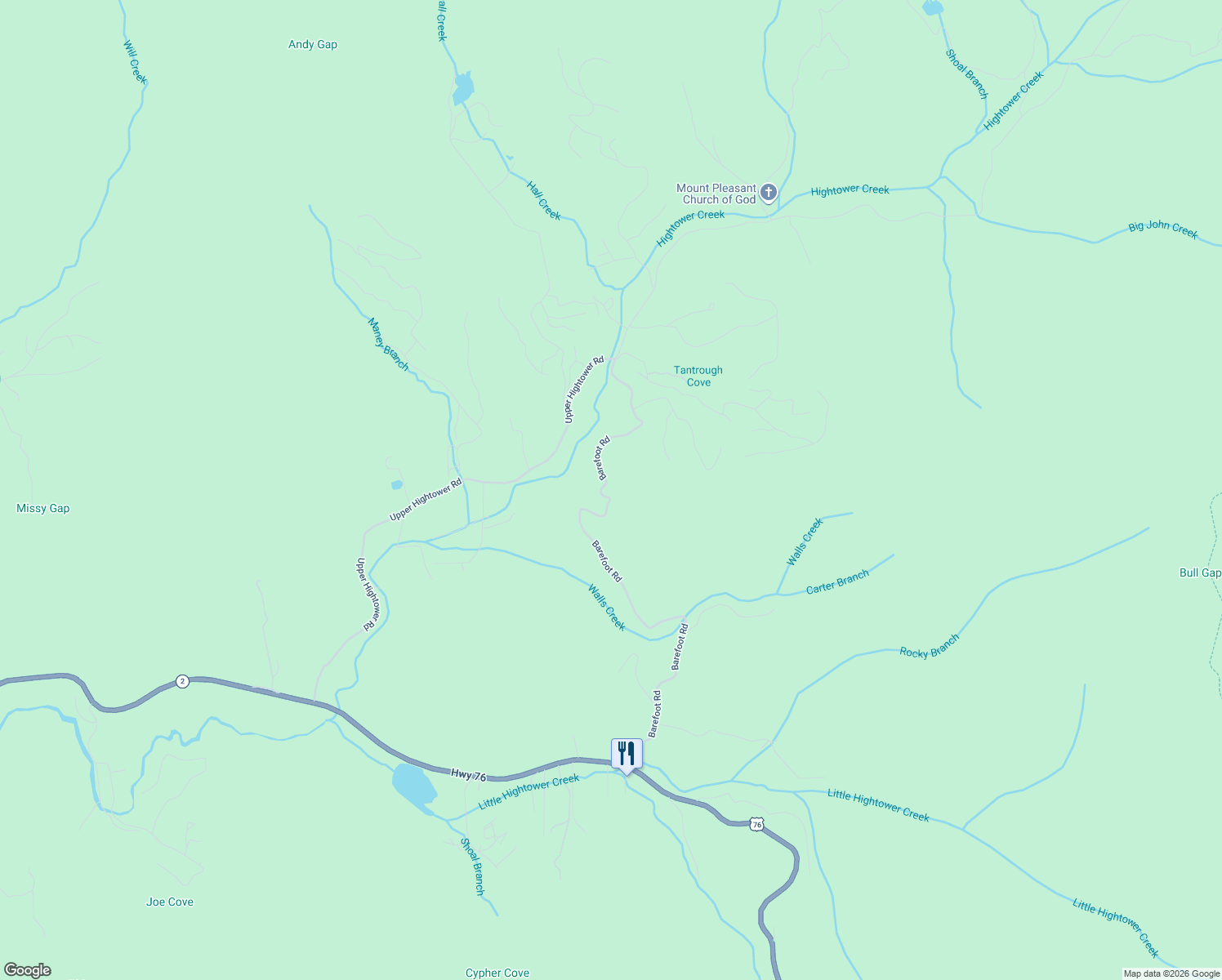 map of restaurants, bars, coffee shops, grocery stores, and more near 660 Barefoot Road in Hiawassee