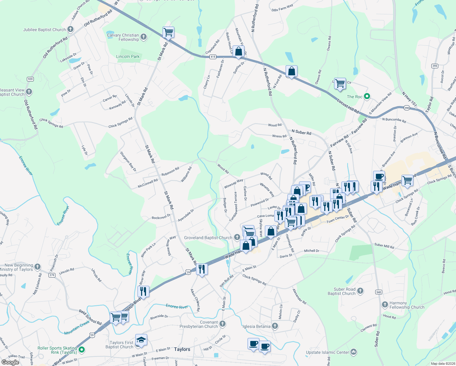map of restaurants, bars, coffee shops, grocery stores, and more near 5 Winesap Way in Taylors