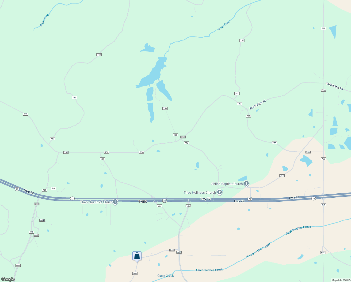 map of restaurants, bars, coffee shops, grocery stores, and more near 42 County Road 758 in Corinth