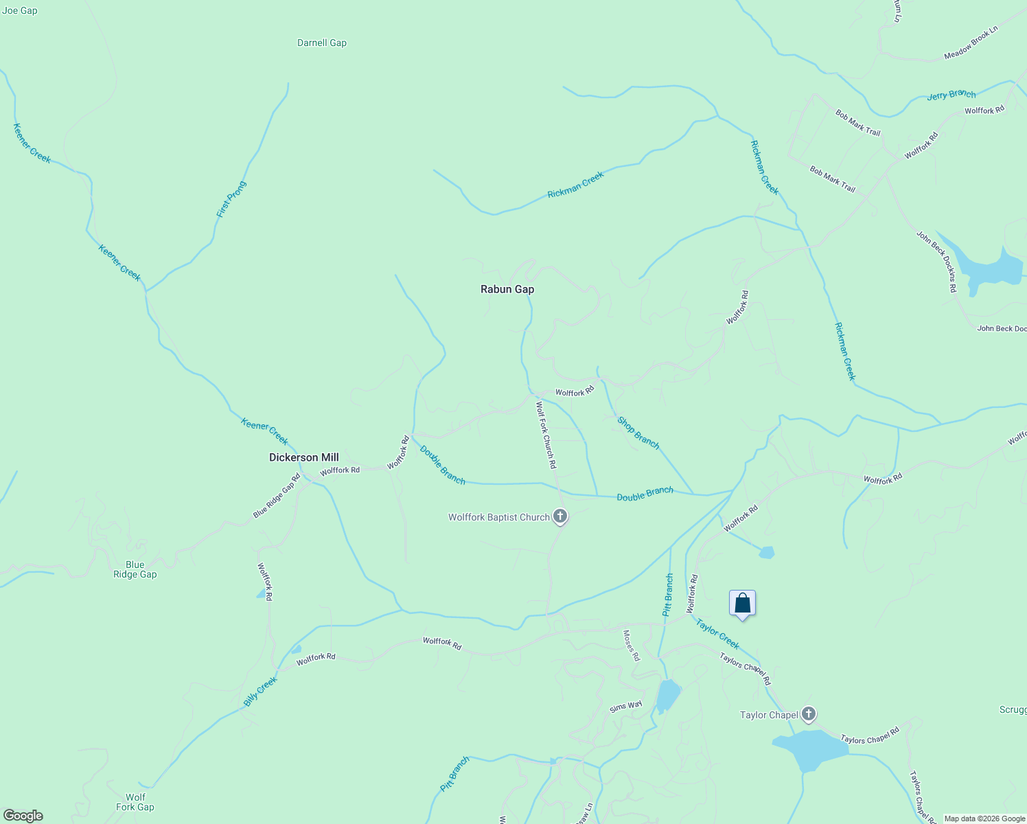 map of restaurants, bars, coffee shops, grocery stores, and more near 6580 Wolffork Road in Rabun Gap