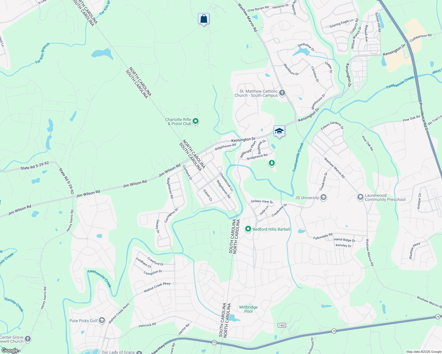 map of restaurants, bars, coffee shops, grocery stores, and more near 4200 Chasebrook Lane in Waxhaw