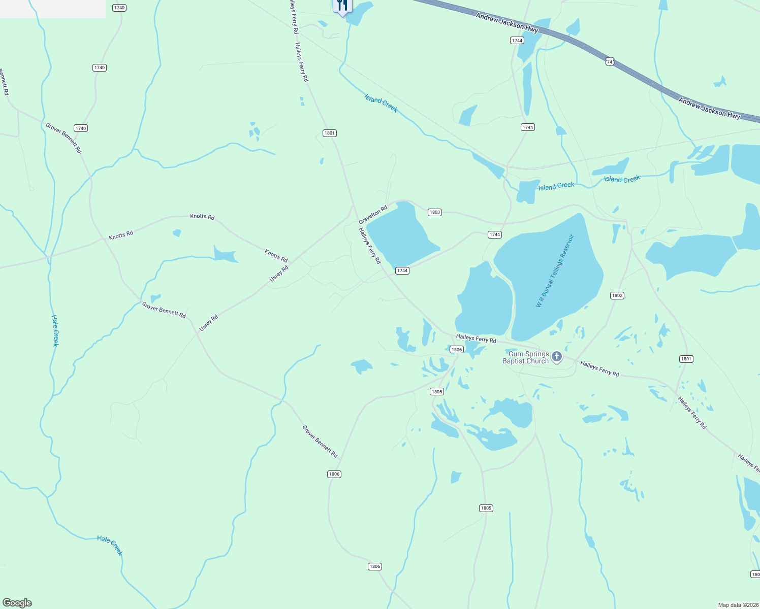 map of restaurants, bars, coffee shops, grocery stores, and more near 1762 Haileys Ferry Road in Lilesville