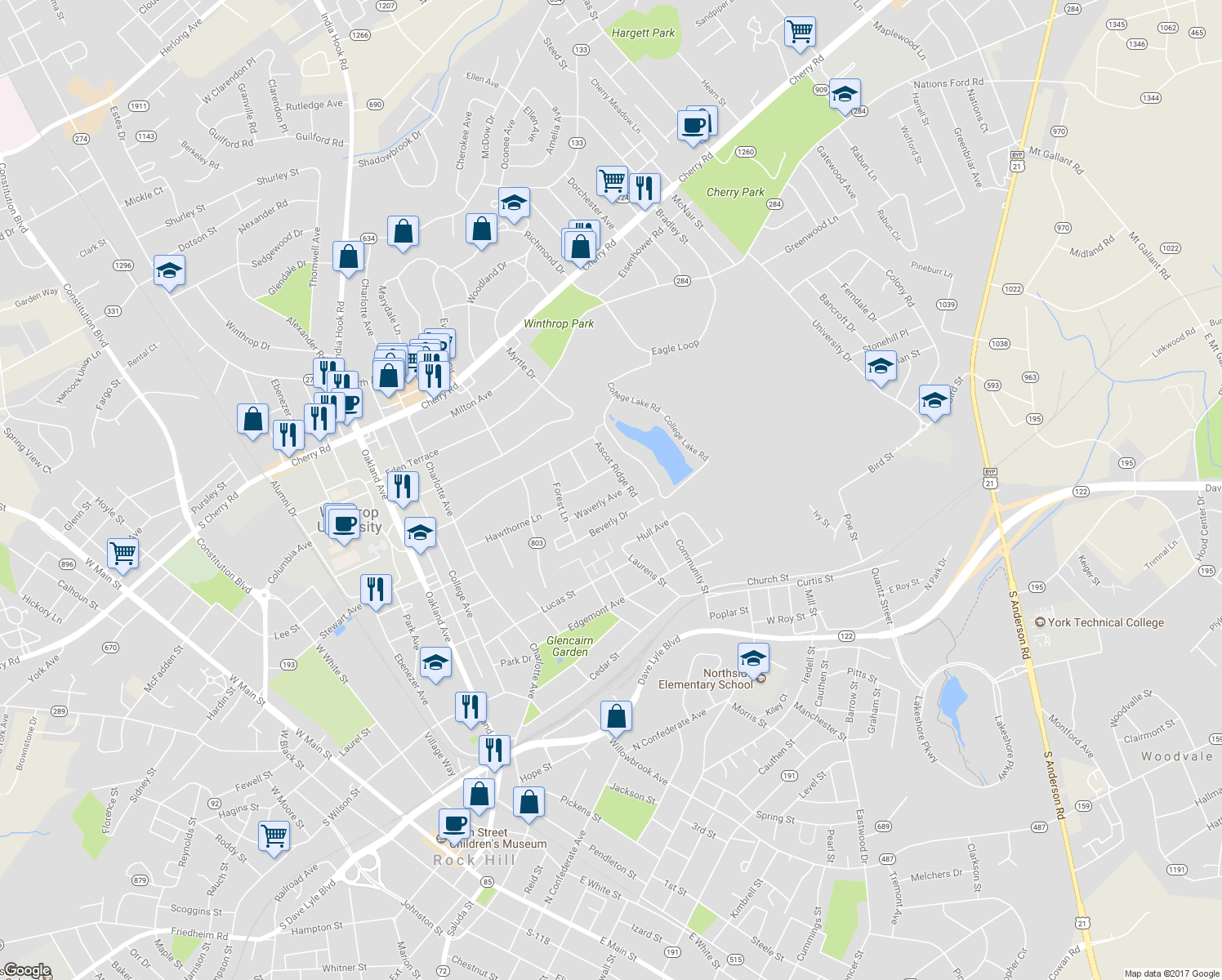 map of restaurants, bars, coffee shops, grocery stores, and more near 965 Waverly Avenue in Rock Hill
