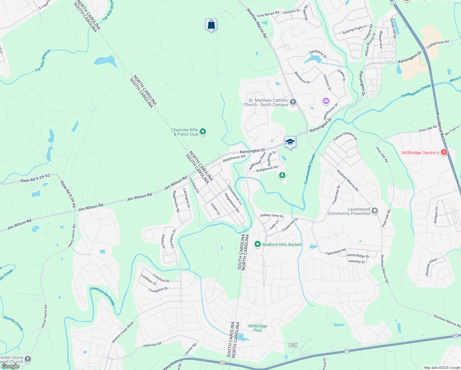 map of restaurants, bars, coffee shops, grocery stores, and more near 5029 Hedgebrook Lane in Waxhaw