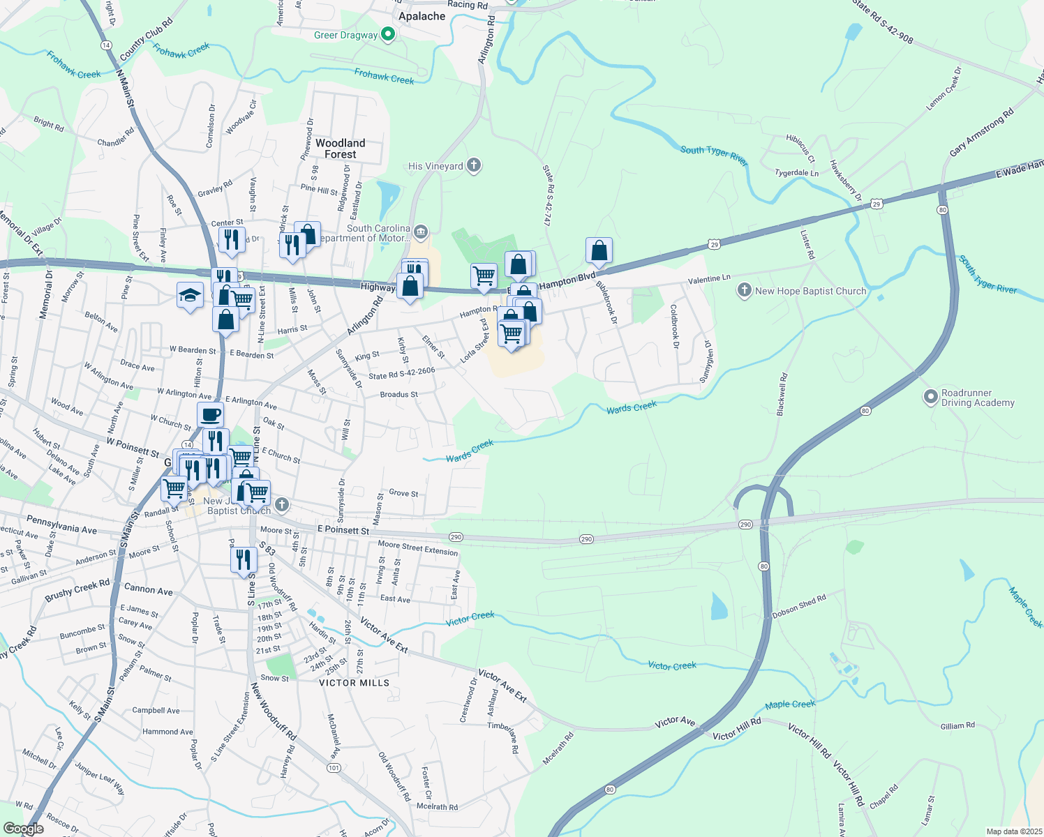 map of restaurants, bars, coffee shops, grocery stores, and more near 103 State Road S-42-7167 in Greer