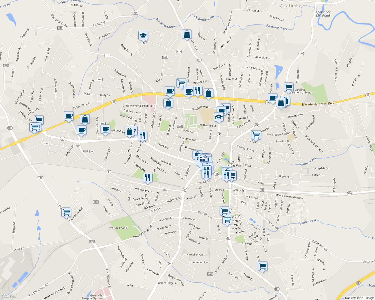 map of restaurants, bars, coffee shops, grocery stores, and more near 108 Davenport in Greer
