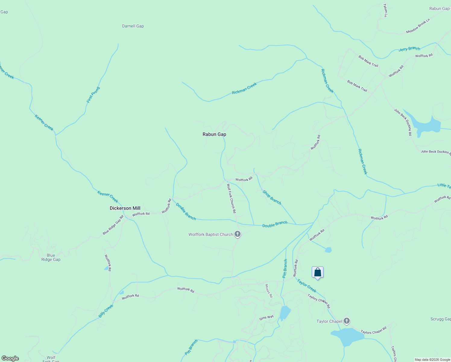 map of restaurants, bars, coffee shops, grocery stores, and more near 6580 Wolffork Road in Rabun Gap