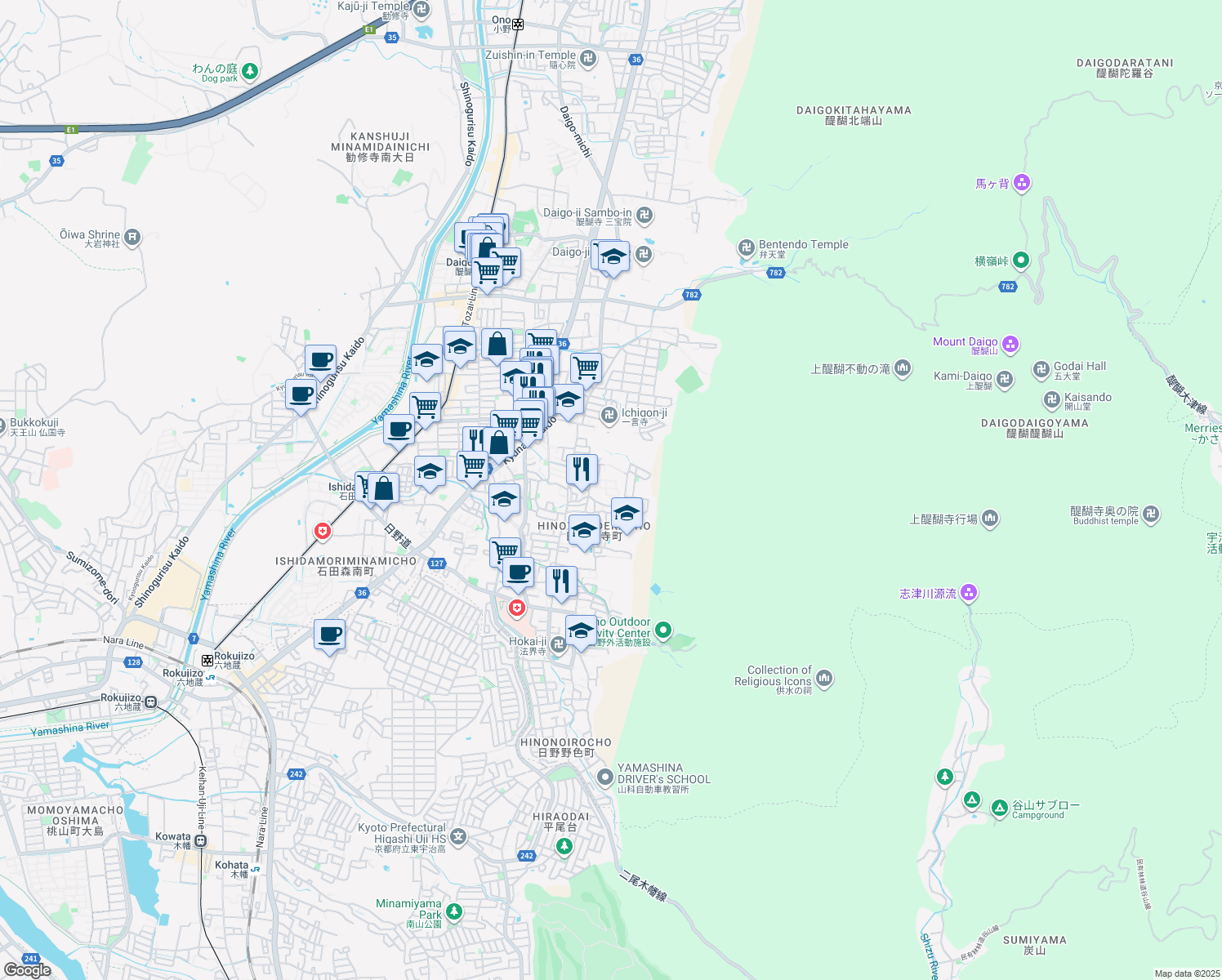 map of restaurants, bars, coffee shops, grocery stores, and more near in Kyoto