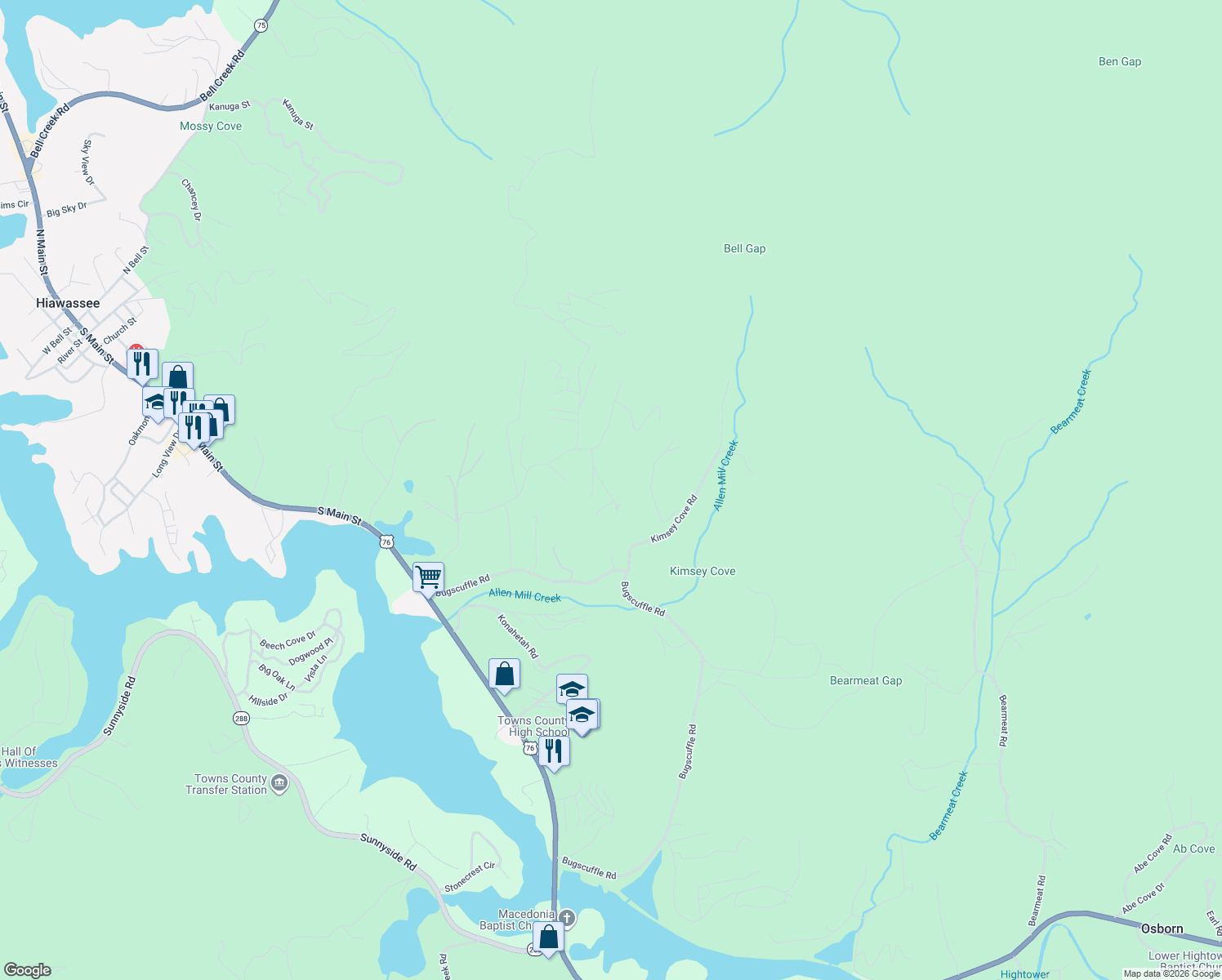 map of restaurants, bars, coffee shops, grocery stores, and more near 557 Grayce Lane in Hiawassee