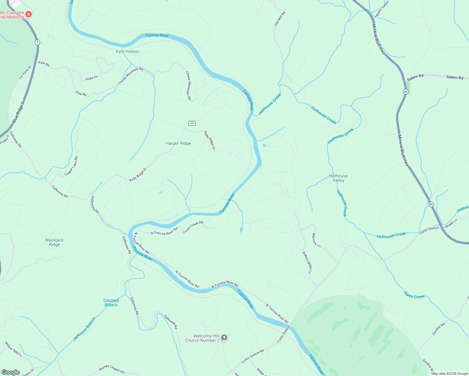 map of restaurants, bars, coffee shops, grocery stores, and more near 618 Woodlands Bluff Lane in Mineral Bluff