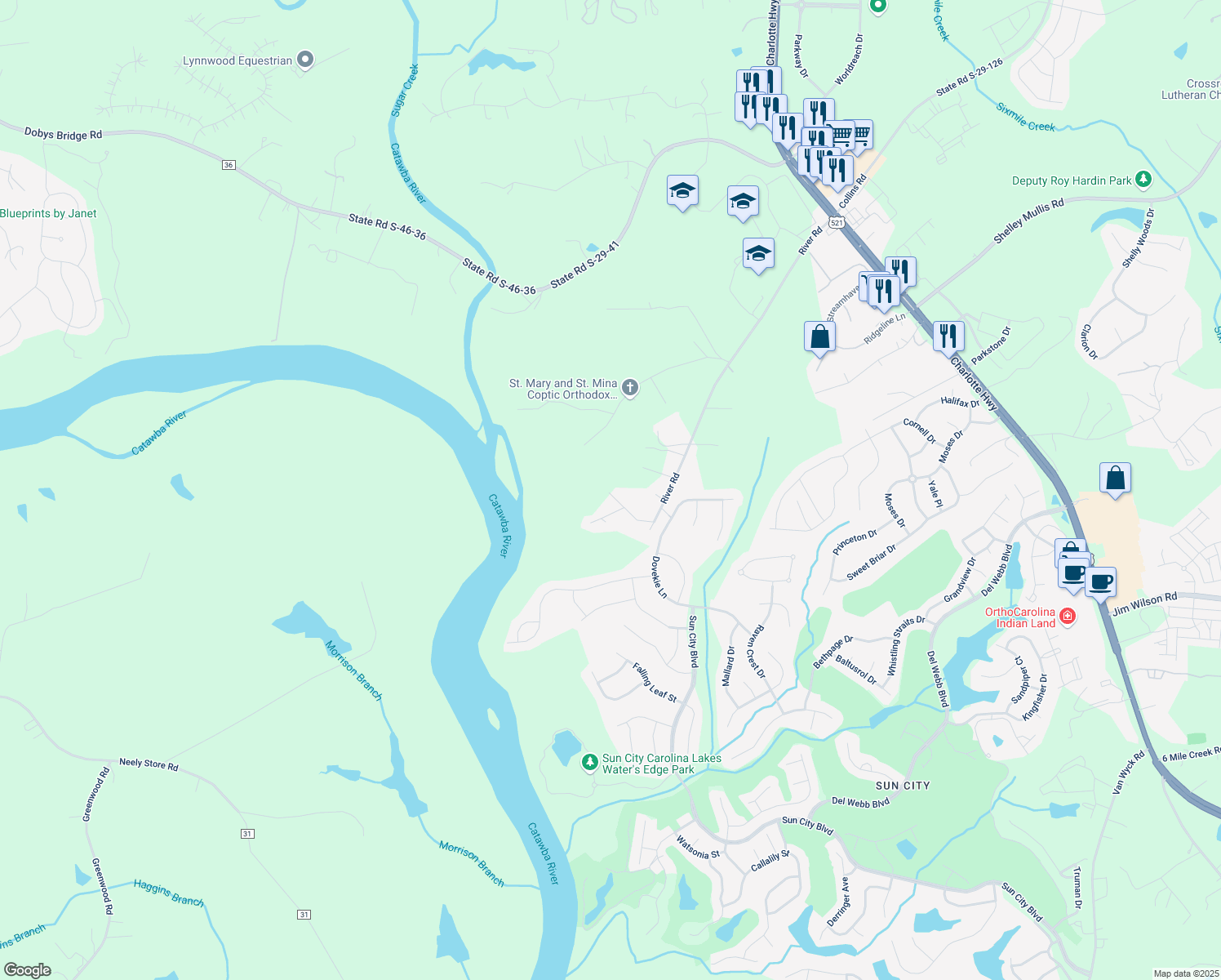 map of restaurants, bars, coffee shops, grocery stores, and more near 272 River Chase Lane in Fort Mill