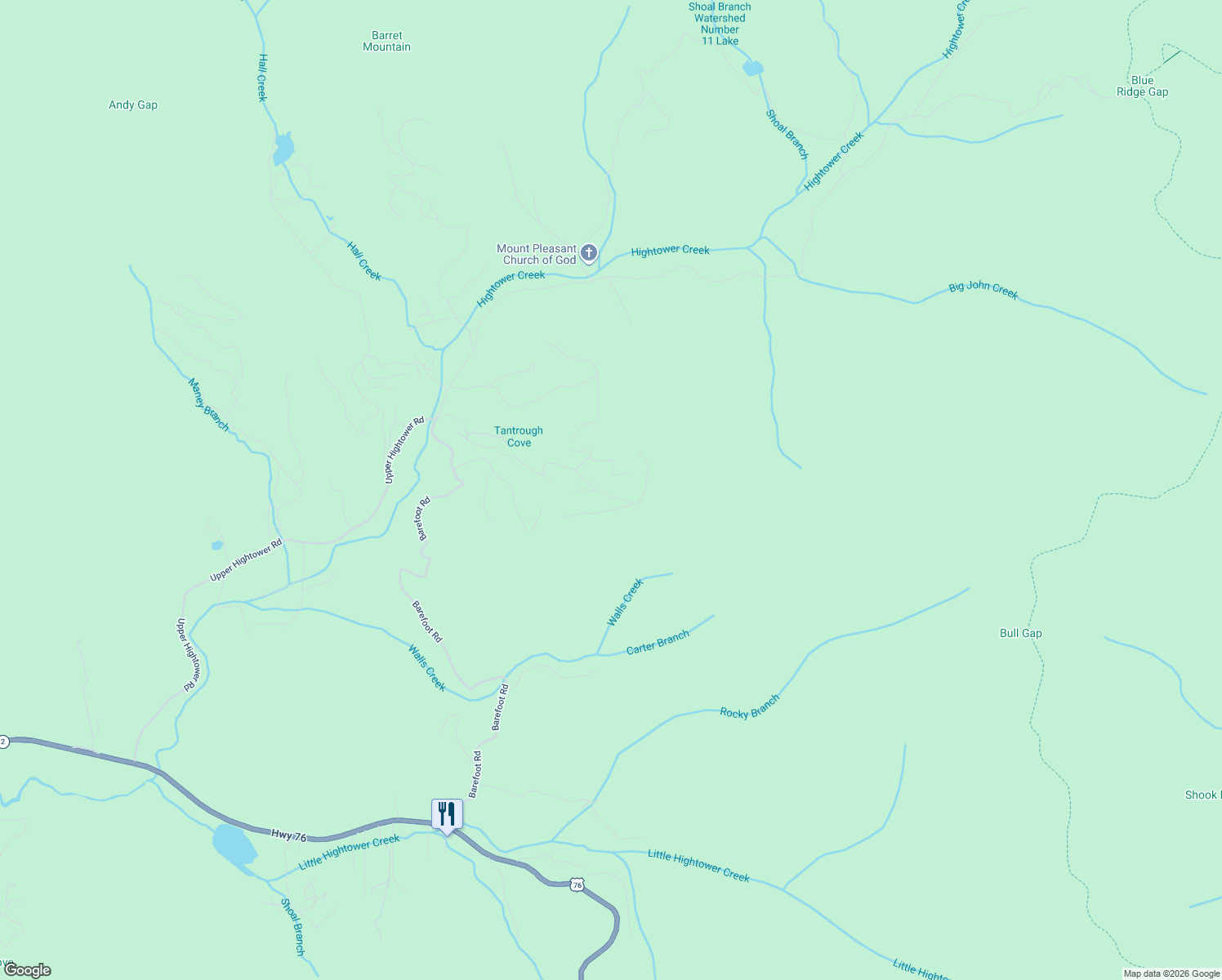 map of restaurants, bars, coffee shops, grocery stores, and more near 7027 Black Bear Trail in Hiawassee