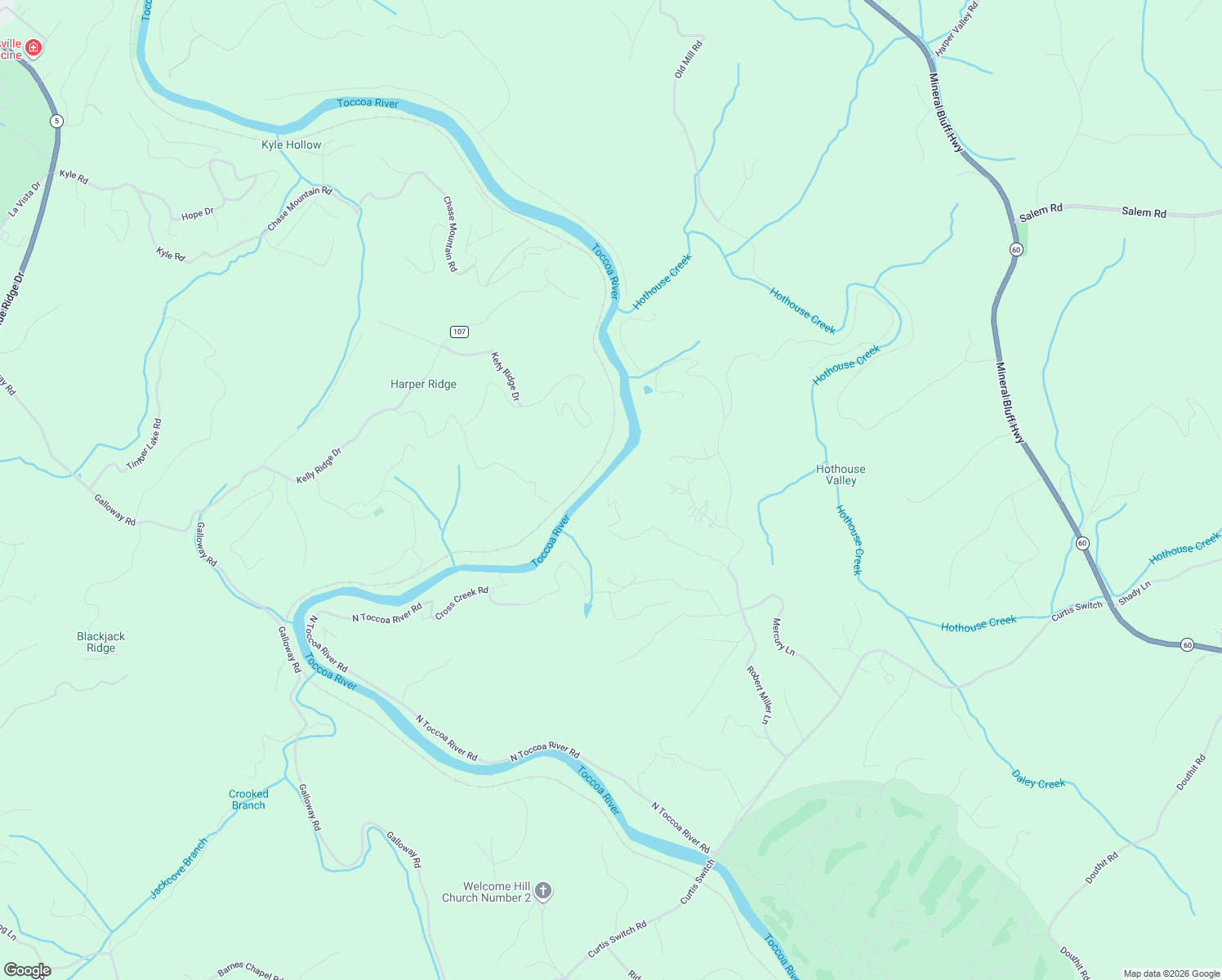 map of restaurants, bars, coffee shops, grocery stores, and more near 618 Woodlands Bluff Lane in Mineral Bluff