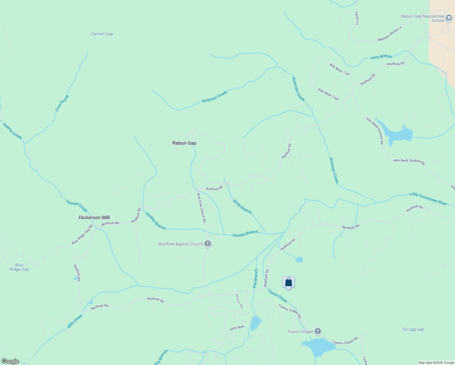 map of restaurants, bars, coffee shops, grocery stores, and more near Wolffork Road in Rabun Gap
