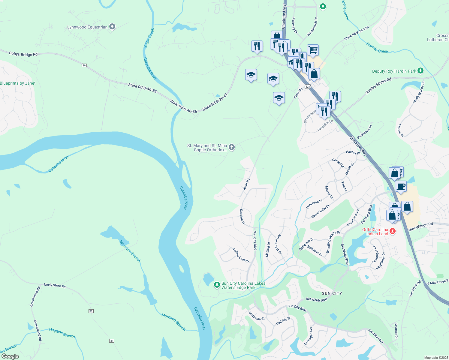 map of restaurants, bars, coffee shops, grocery stores, and more near 272 River Chase Lane in Fort Mill