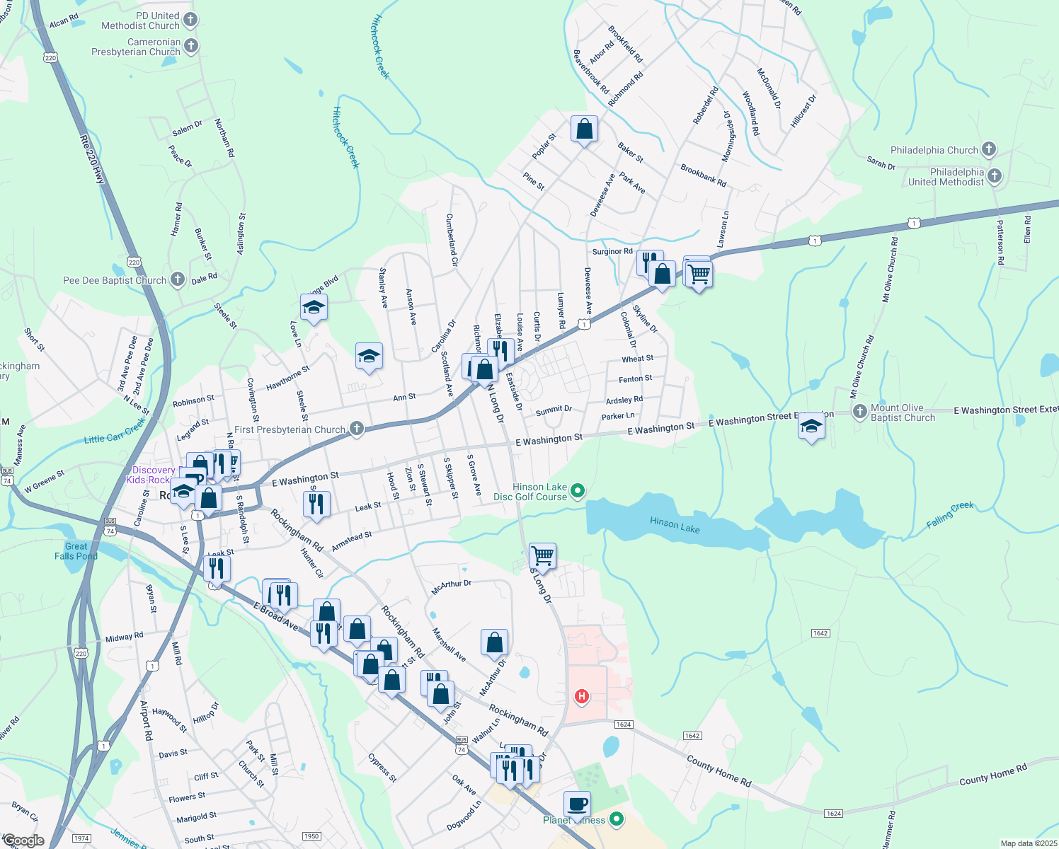 map of restaurants, bars, coffee shops, grocery stores, and more near 212 Eastside Drive in Rockingham