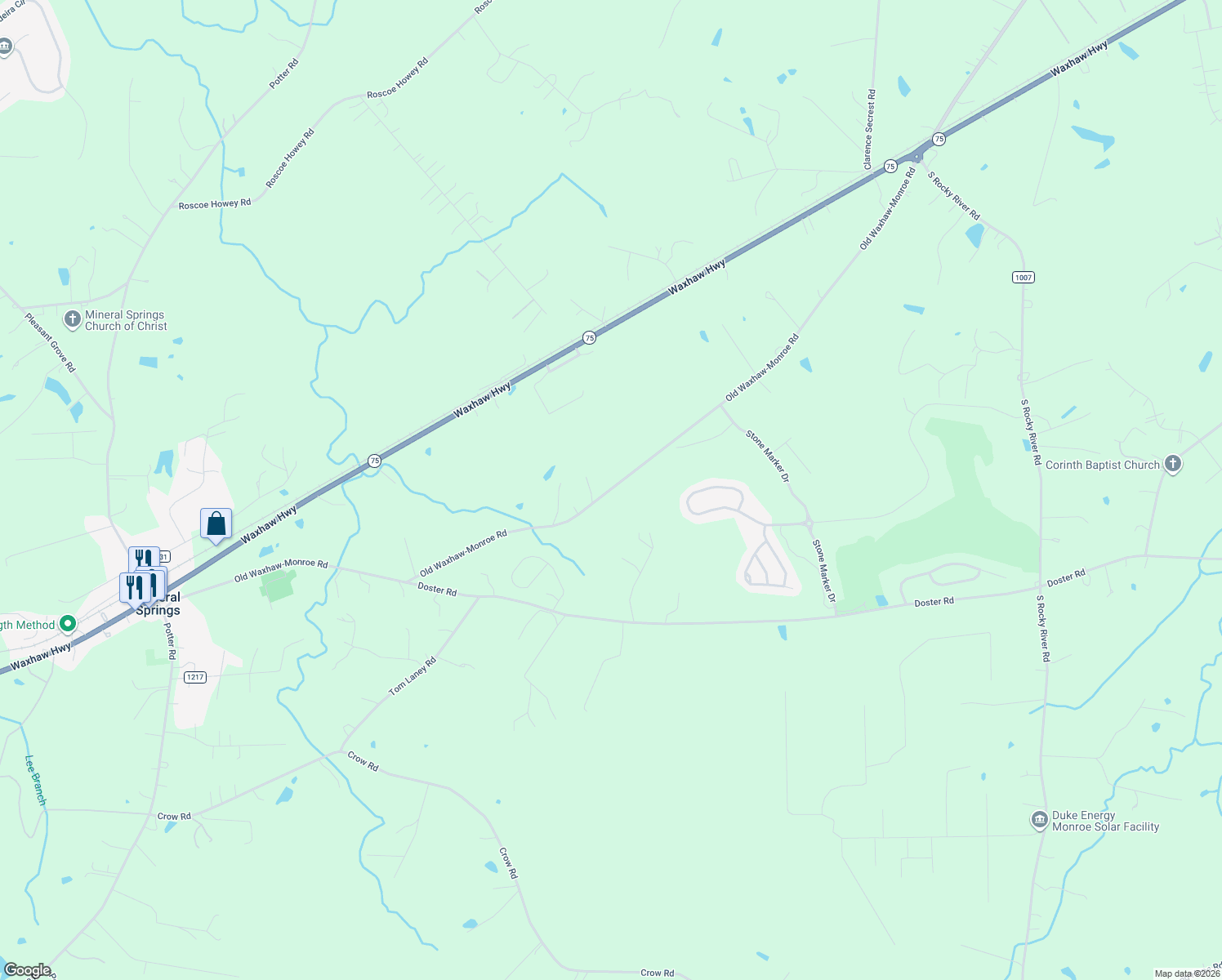 map of restaurants, bars, coffee shops, grocery stores, and more near Old Waxhaw-Monroe Road in Monroe