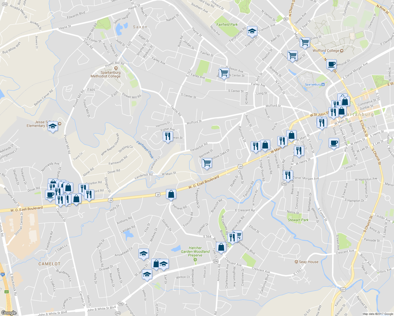 map of restaurants, bars, coffee shops, grocery stores, and more near 120 Raintree Drive in Spartanburg