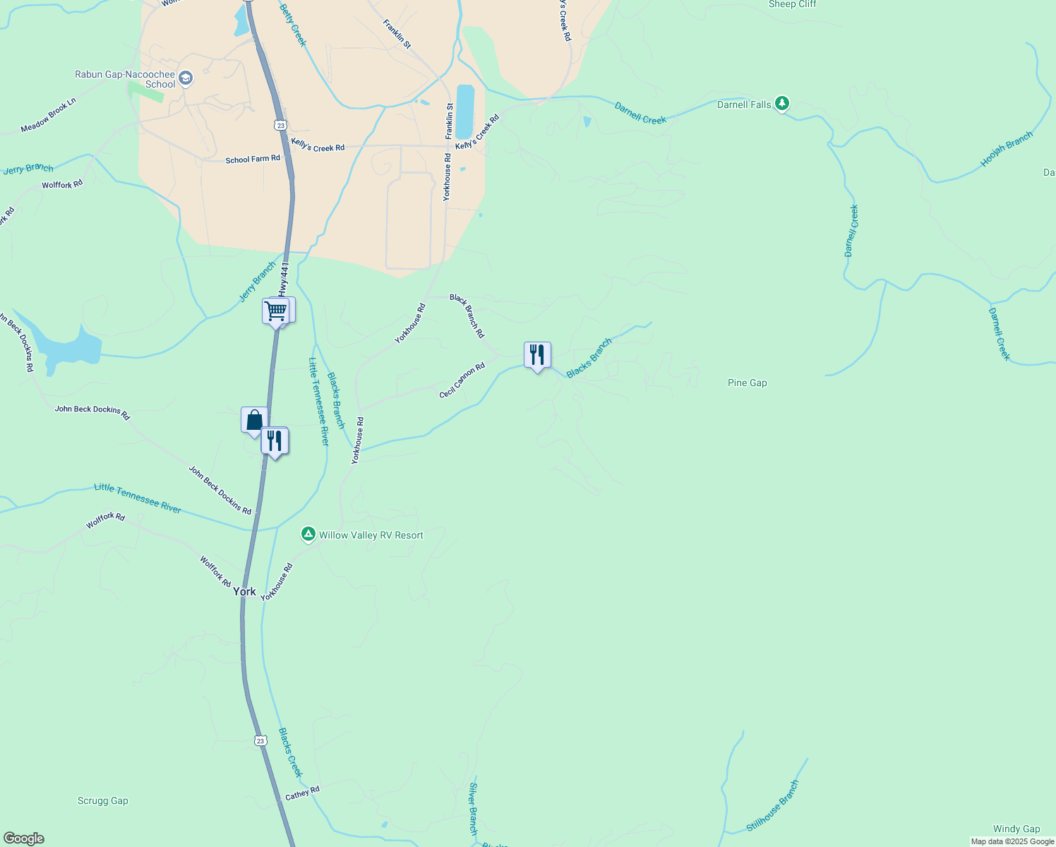 map of restaurants, bars, coffee shops, grocery stores, and more near 280 Walnut Mountain Road in Rabun Gap
