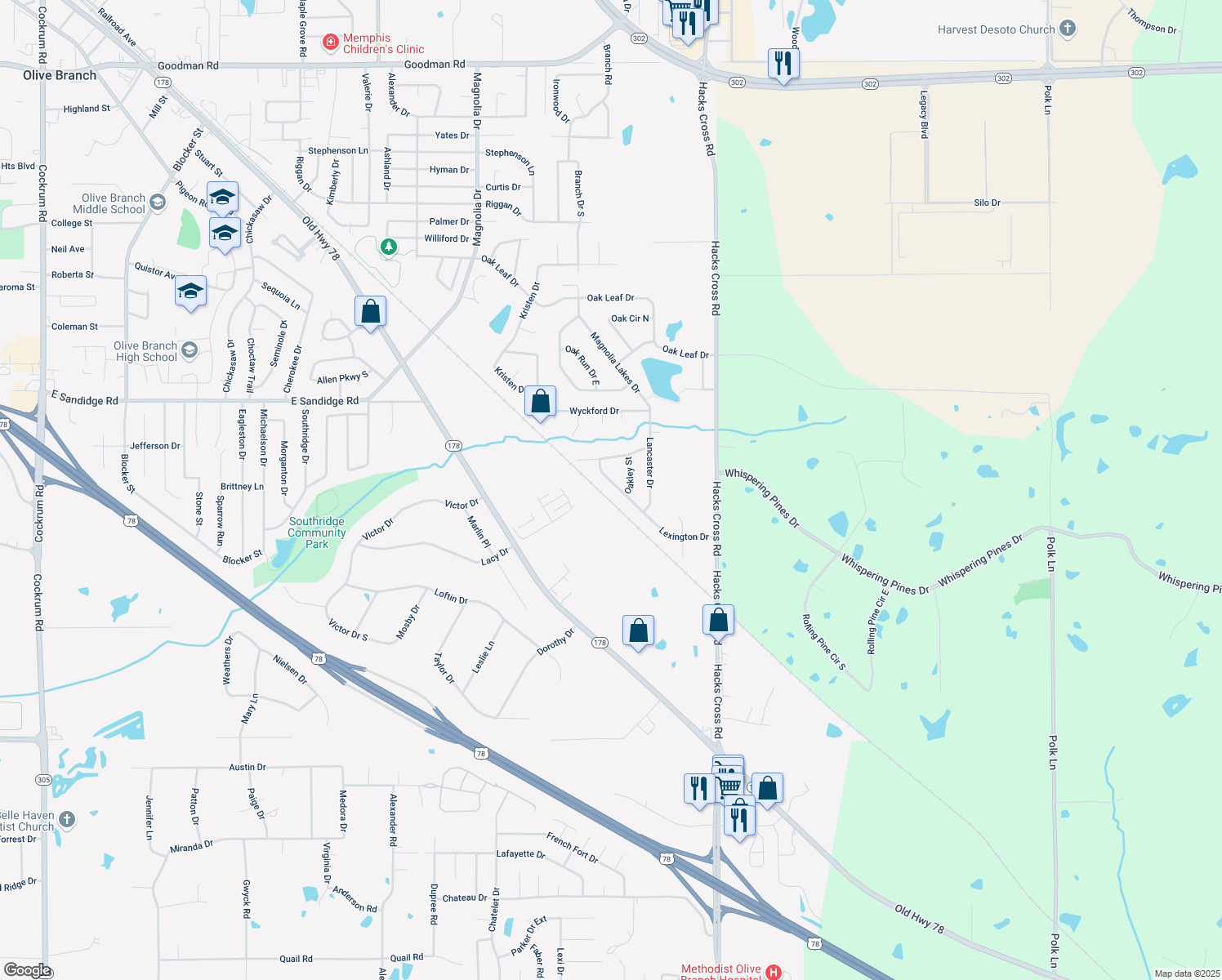 map of restaurants, bars, coffee shops, grocery stores, and more near 10699 Lexington Drive in Olive Branch
