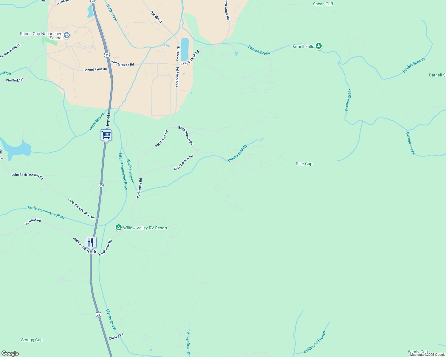 map of restaurants, bars, coffee shops, grocery stores, and more near 280 Walnut Mountain Road in Rabun Gap