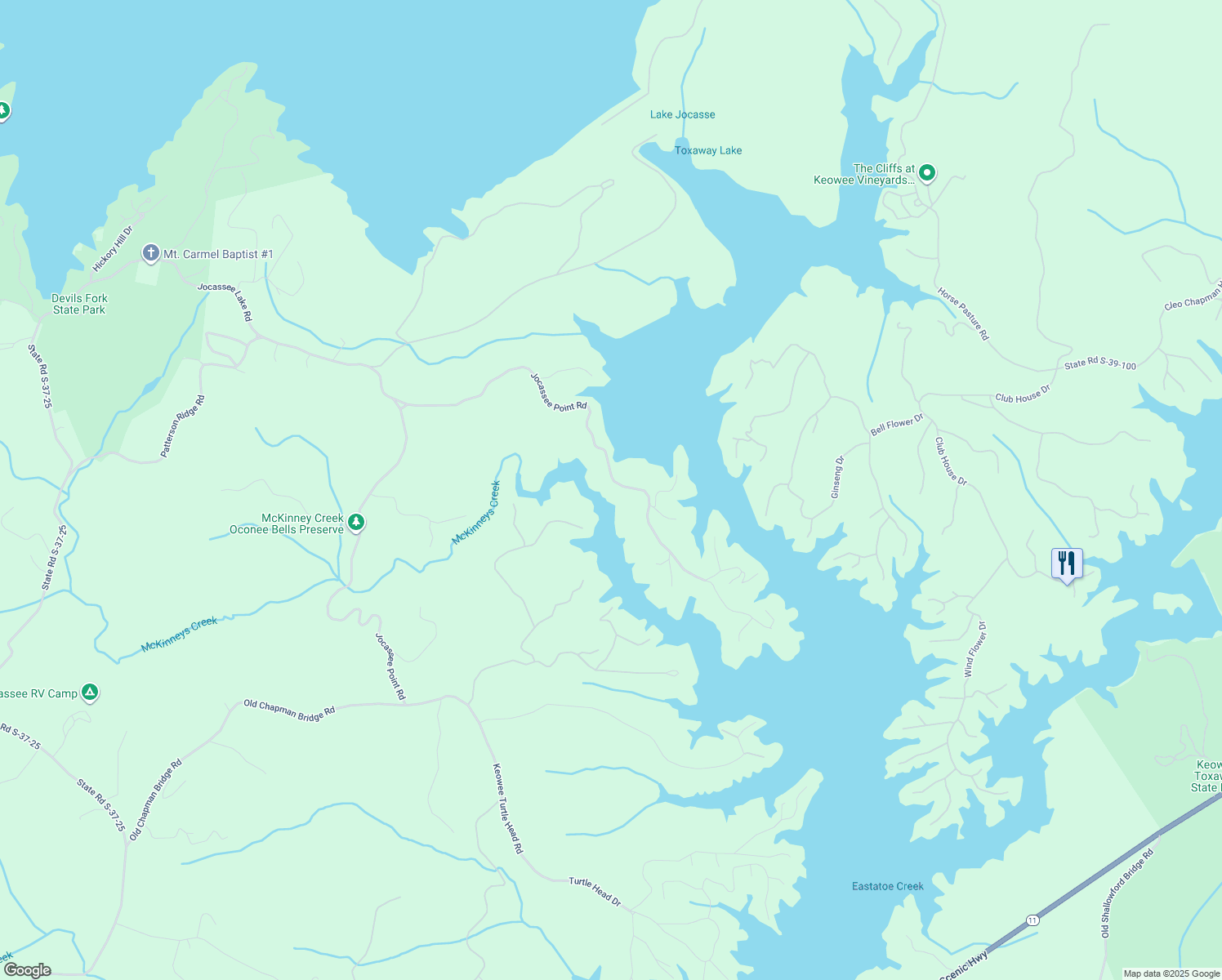 map of restaurants, bars, coffee shops, grocery stores, and more near 200 Jocassee Point Road in Salem