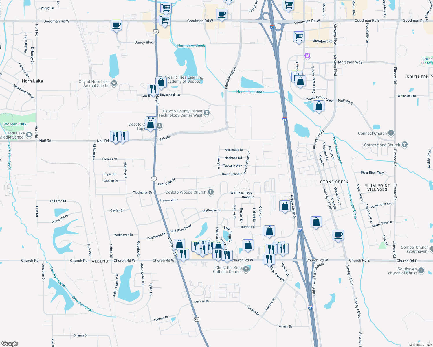 map of restaurants, bars, coffee shops, grocery stores, and more near 5745 Surrey Lane in Southaven