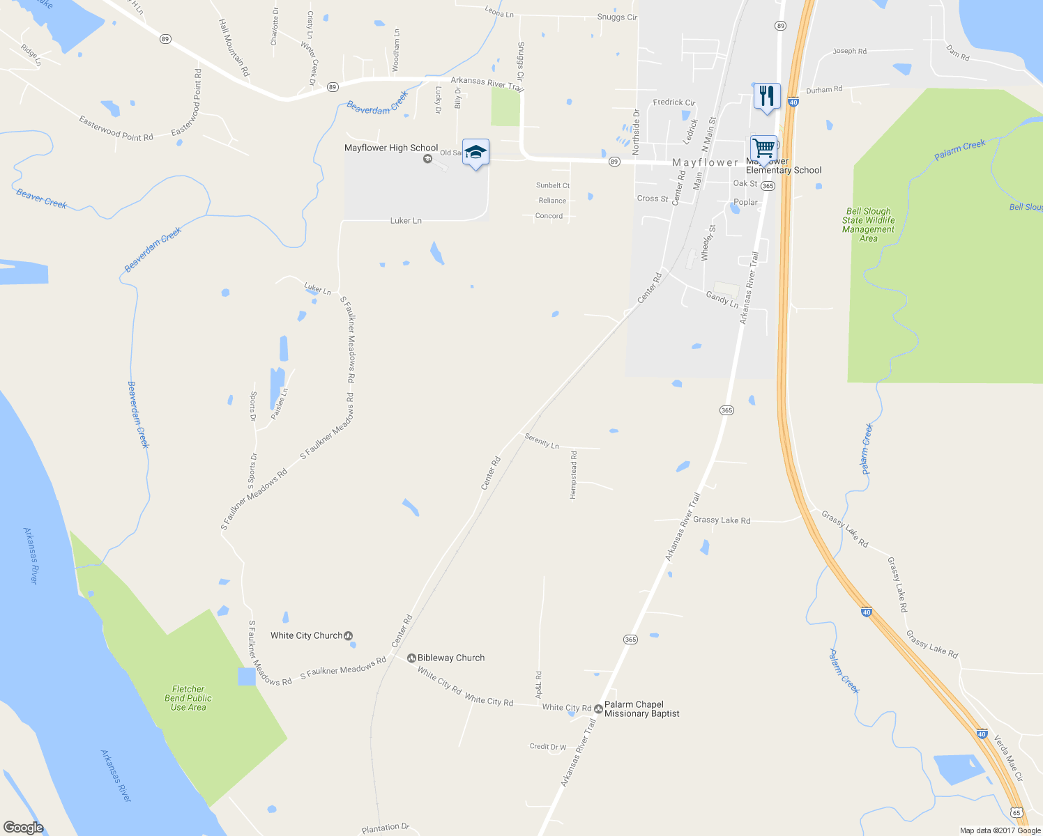 map of restaurants, bars, coffee shops, grocery stores, and more near 120 Center Road in Mayflower