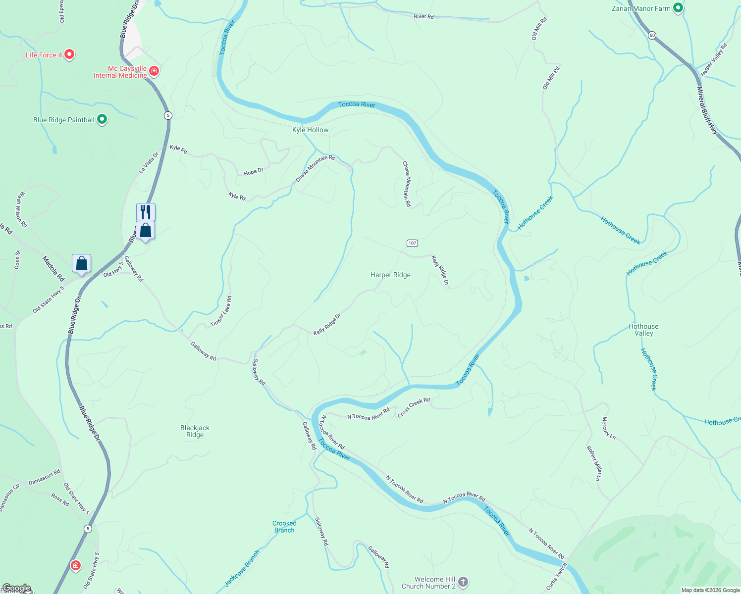 map of restaurants, bars, coffee shops, grocery stores, and more near 728 Kelly Ridge Drive in Blue Ridge