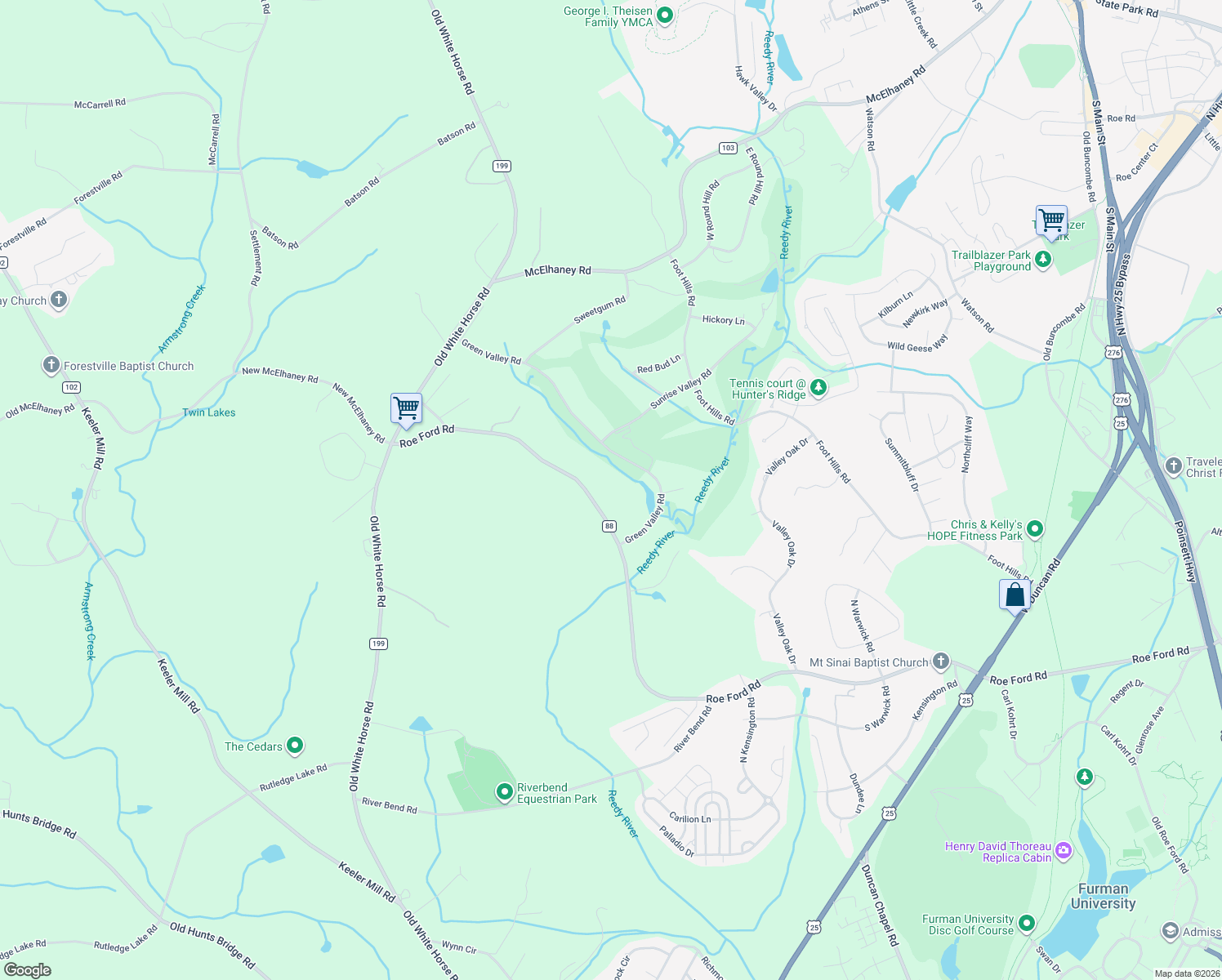 map of restaurants, bars, coffee shops, grocery stores, and more near 1912 Roe Ford Road in Greenville