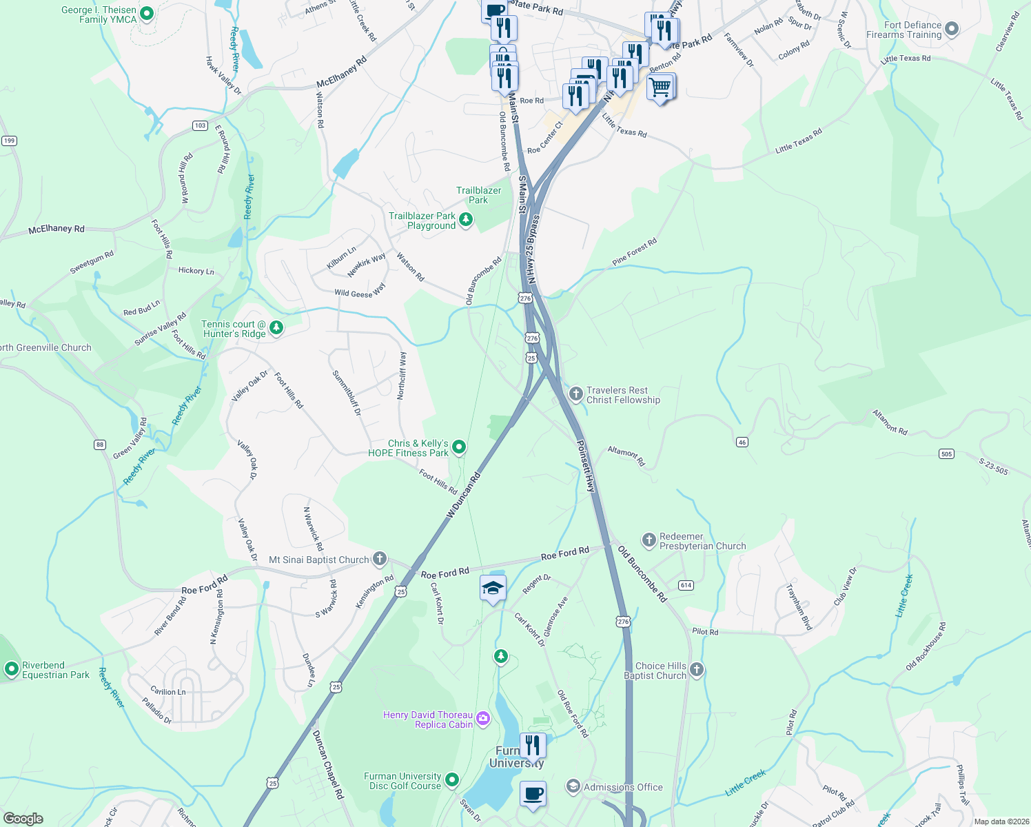 map of restaurants, bars, coffee shops, grocery stores, and more near 1039 West Duncan Road in Greenville