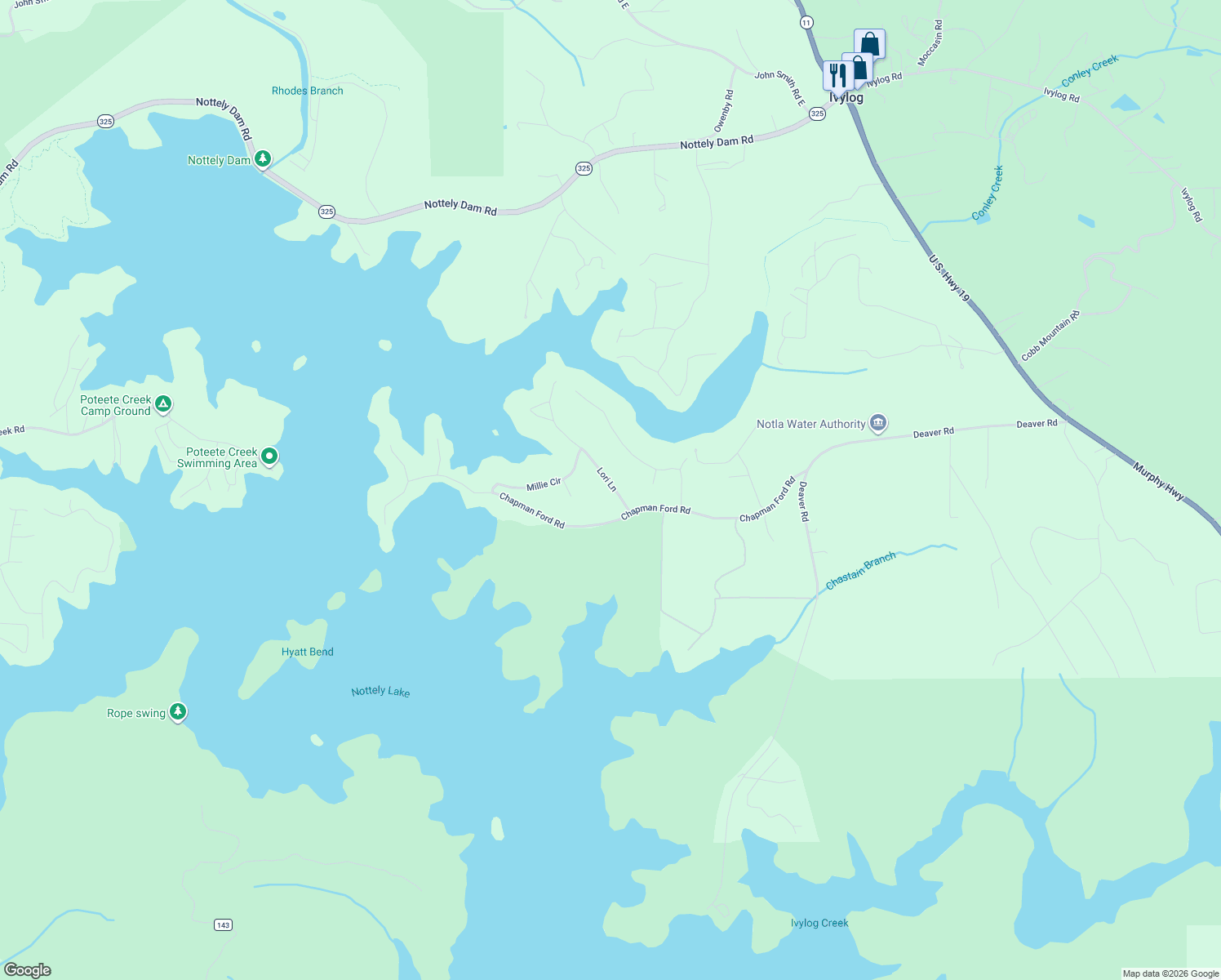 map of restaurants, bars, coffee shops, grocery stores, and more near 4686 Lori Lane in Blairsville