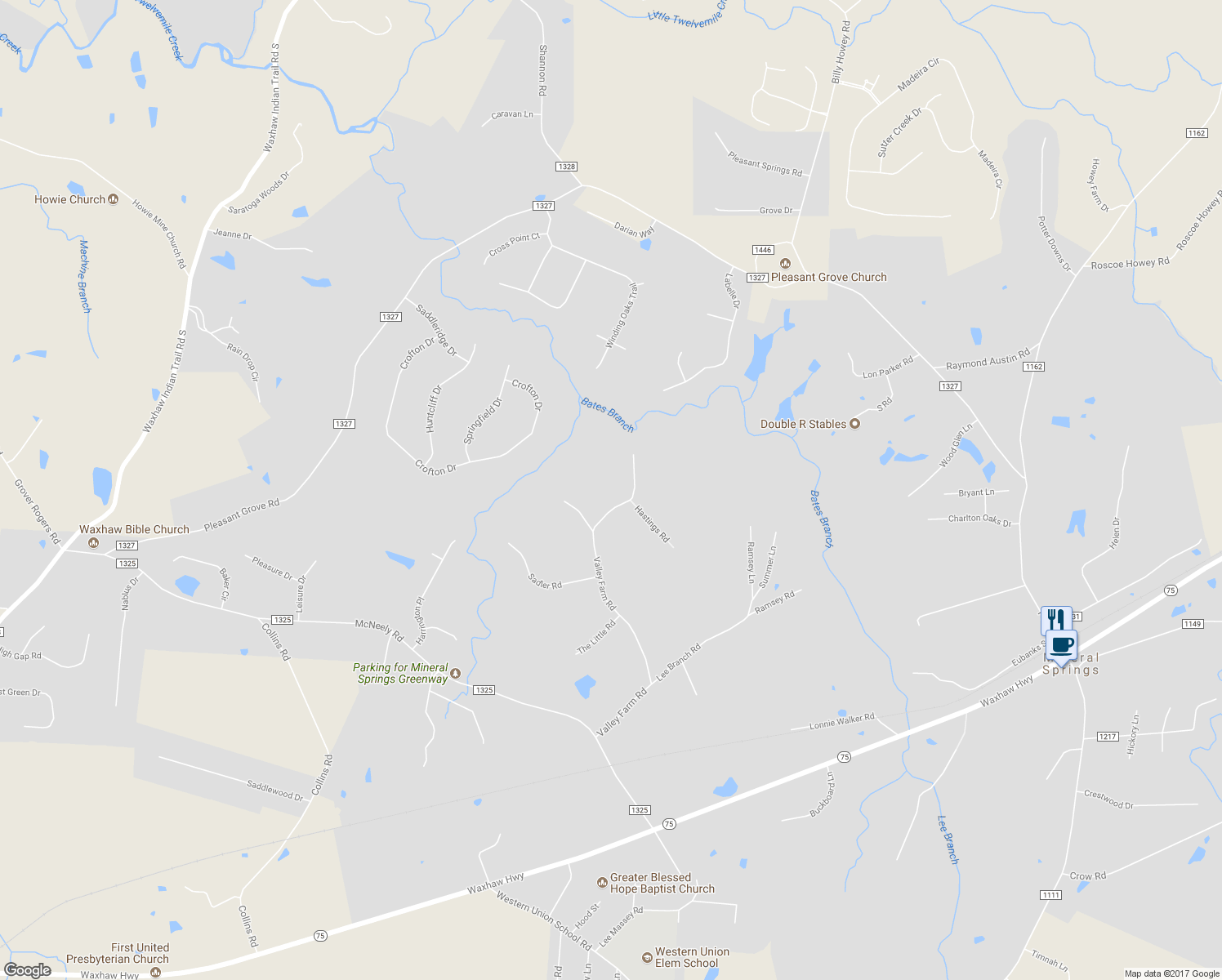 map of restaurants, bars, coffee shops, grocery stores, and more near 2402 Valley Farm Road in Waxhaw