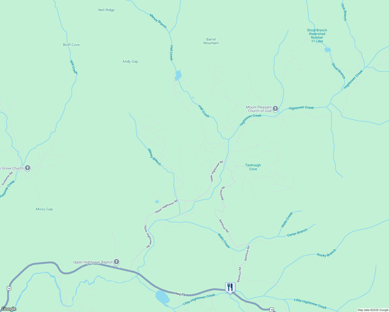 map of restaurants, bars, coffee shops, grocery stores, and more near 51 Hightower Trail in Hiawassee