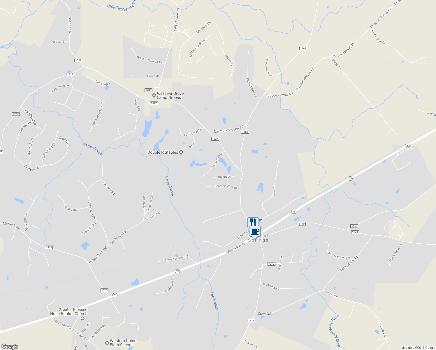 map of restaurants, bars, coffee shops, grocery stores, and more near 6010 Bryant Lane in Waxhaw