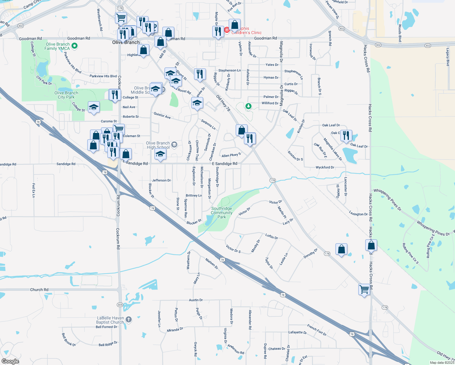 map of restaurants, bars, coffee shops, grocery stores, and more near 5856 Southbend Lane in Olive Branch