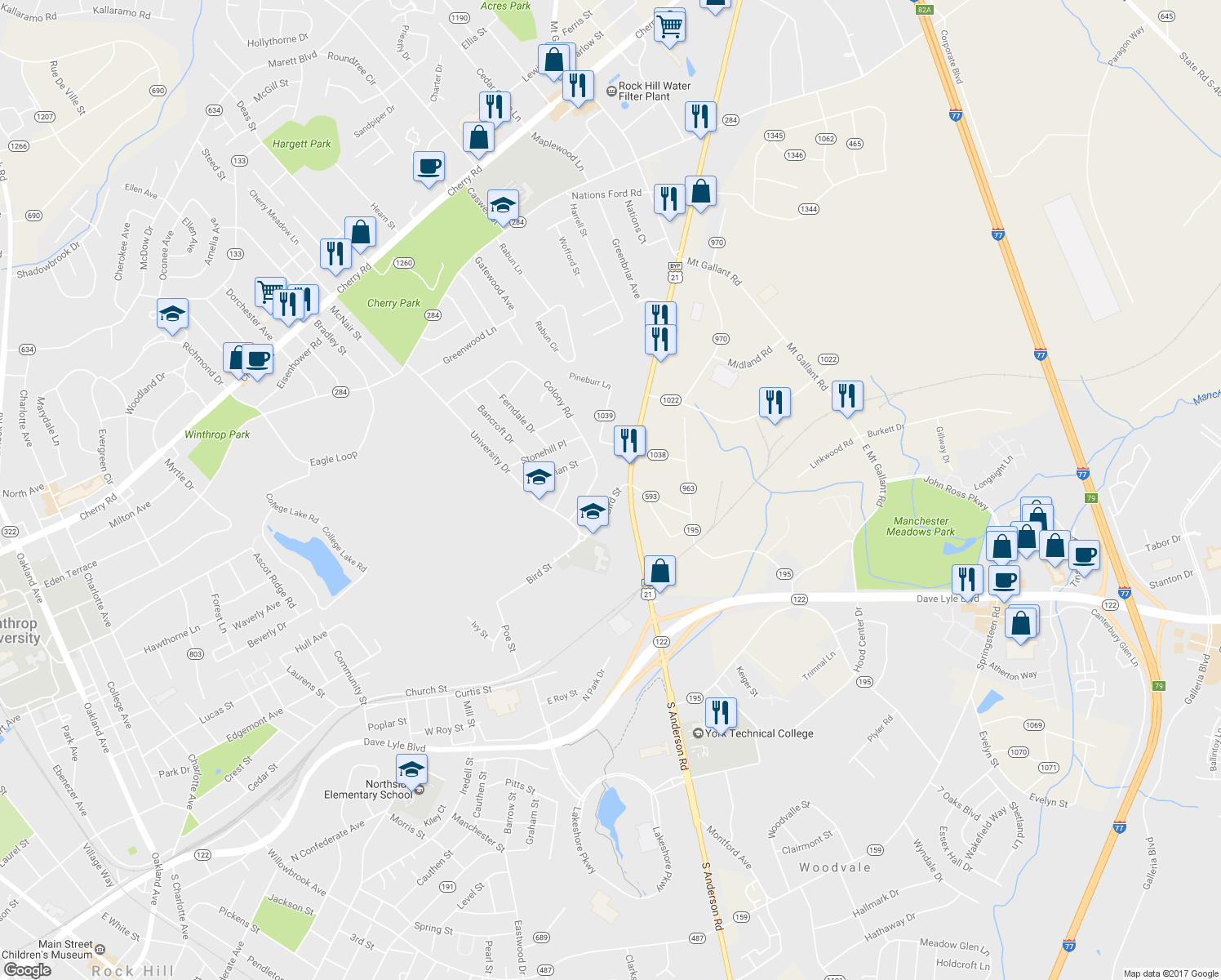 map of restaurants, bars, coffee shops, grocery stores, and more near 1735 Bird Street in Rock Hill