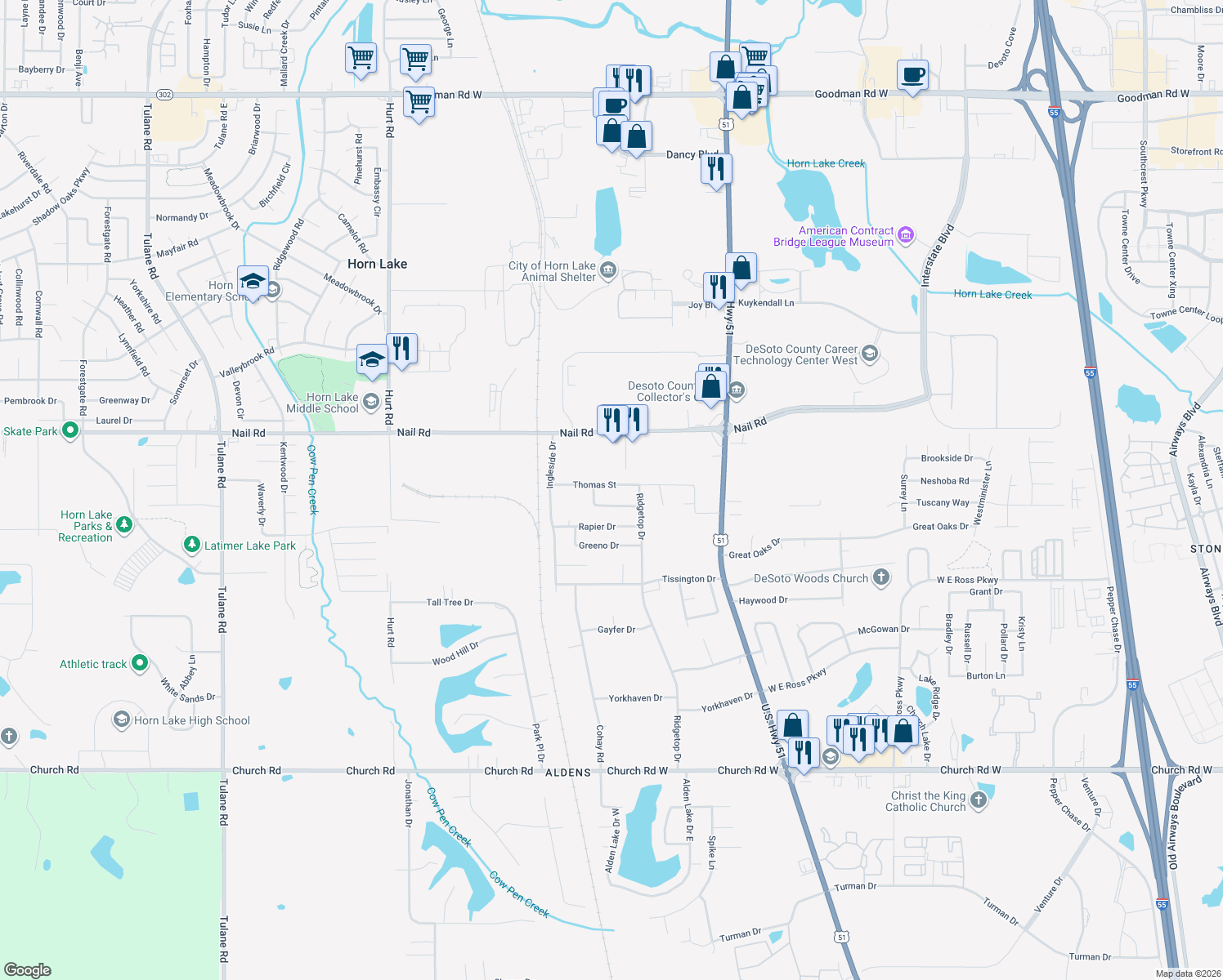 map of restaurants, bars, coffee shops, grocery stores, and more near 1857 Thomas Street in Horn Lake
