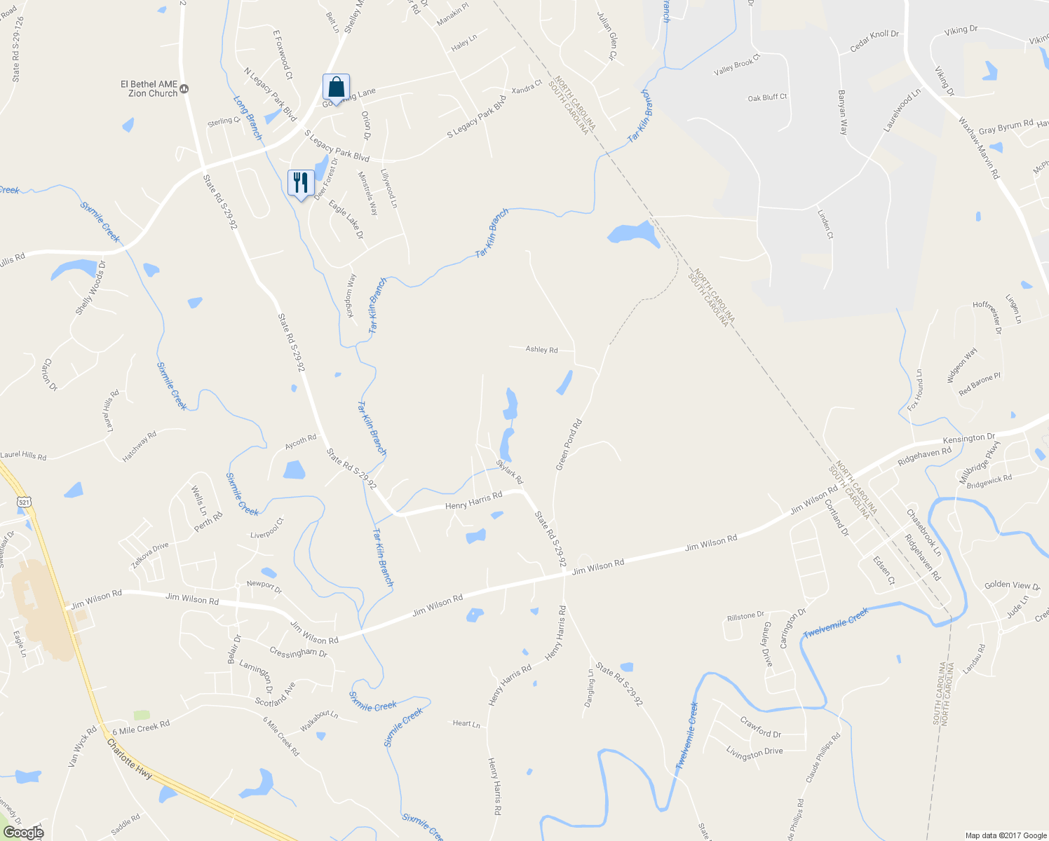 map of restaurants, bars, coffee shops, grocery stores, and more near 7724 Henry Harris Road in Fort Mill
