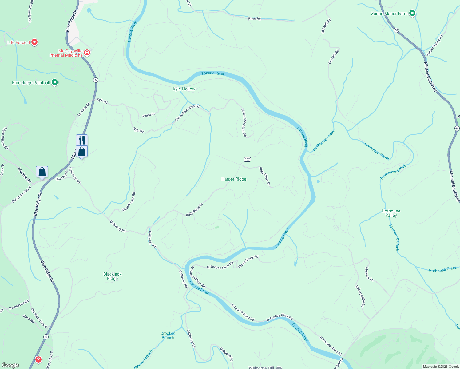 map of restaurants, bars, coffee shops, grocery stores, and more near 728 Kelly Ridge Drive in Blue Ridge