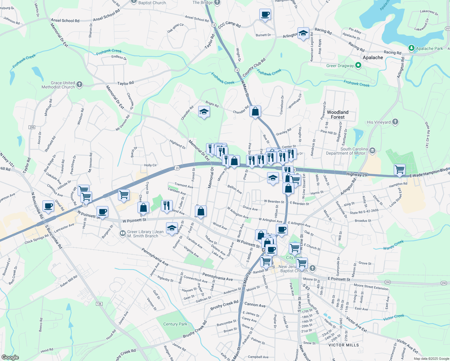map of restaurants, bars, coffee shops, grocery stores, and more near 104 Elcon Drive in Greer