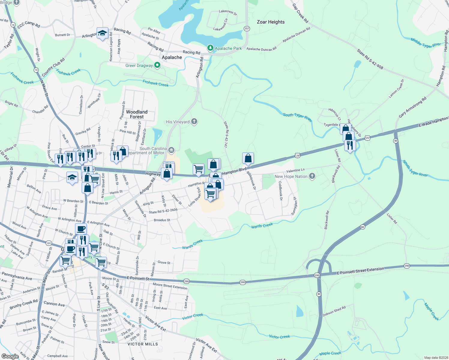 map of restaurants, bars, coffee shops, grocery stores, and more near 404 State Road S-42-2620 in Greer