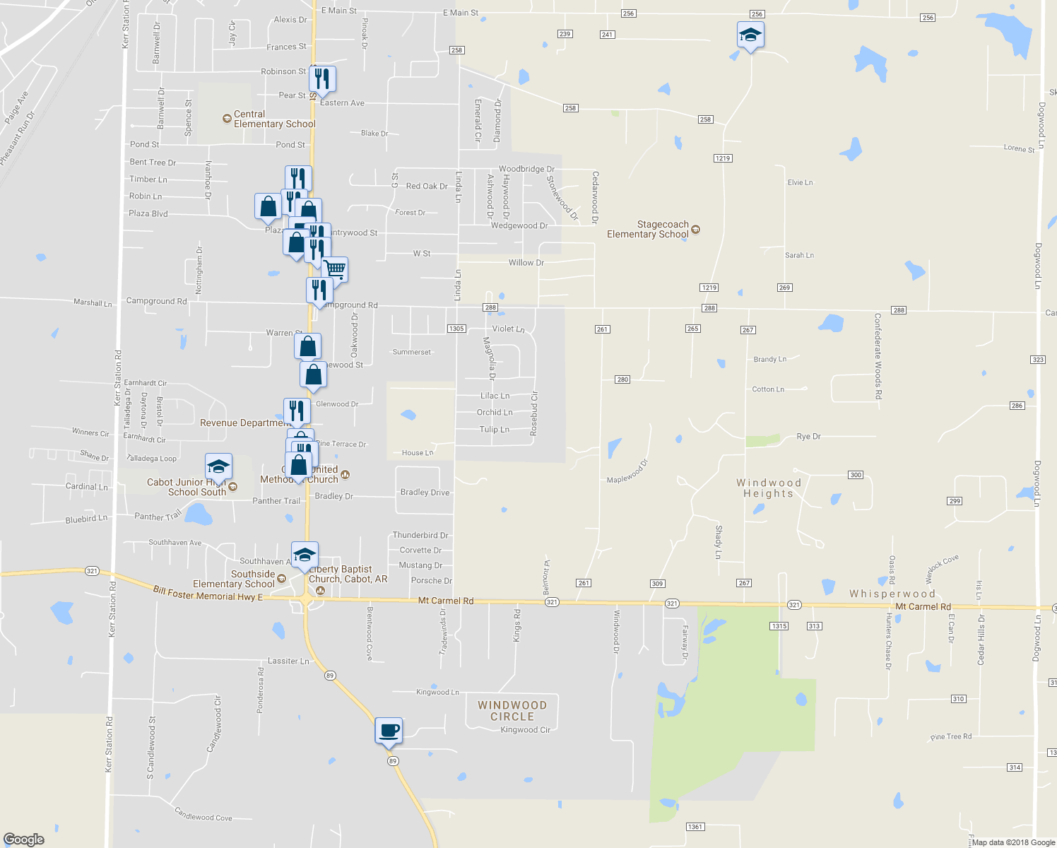map of restaurants, bars, coffee shops, grocery stores, and more near 34 Tulip Lane in Cabot