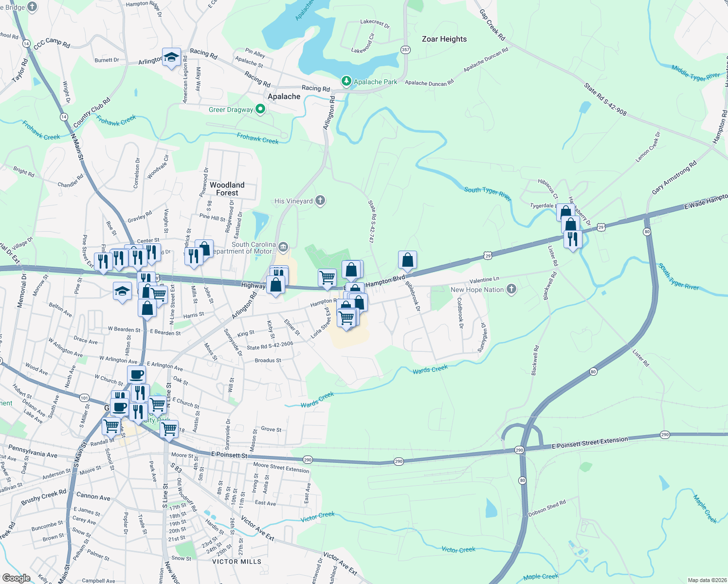 map of restaurants, bars, coffee shops, grocery stores, and more near 404 State Road S-42-2620 in Greer