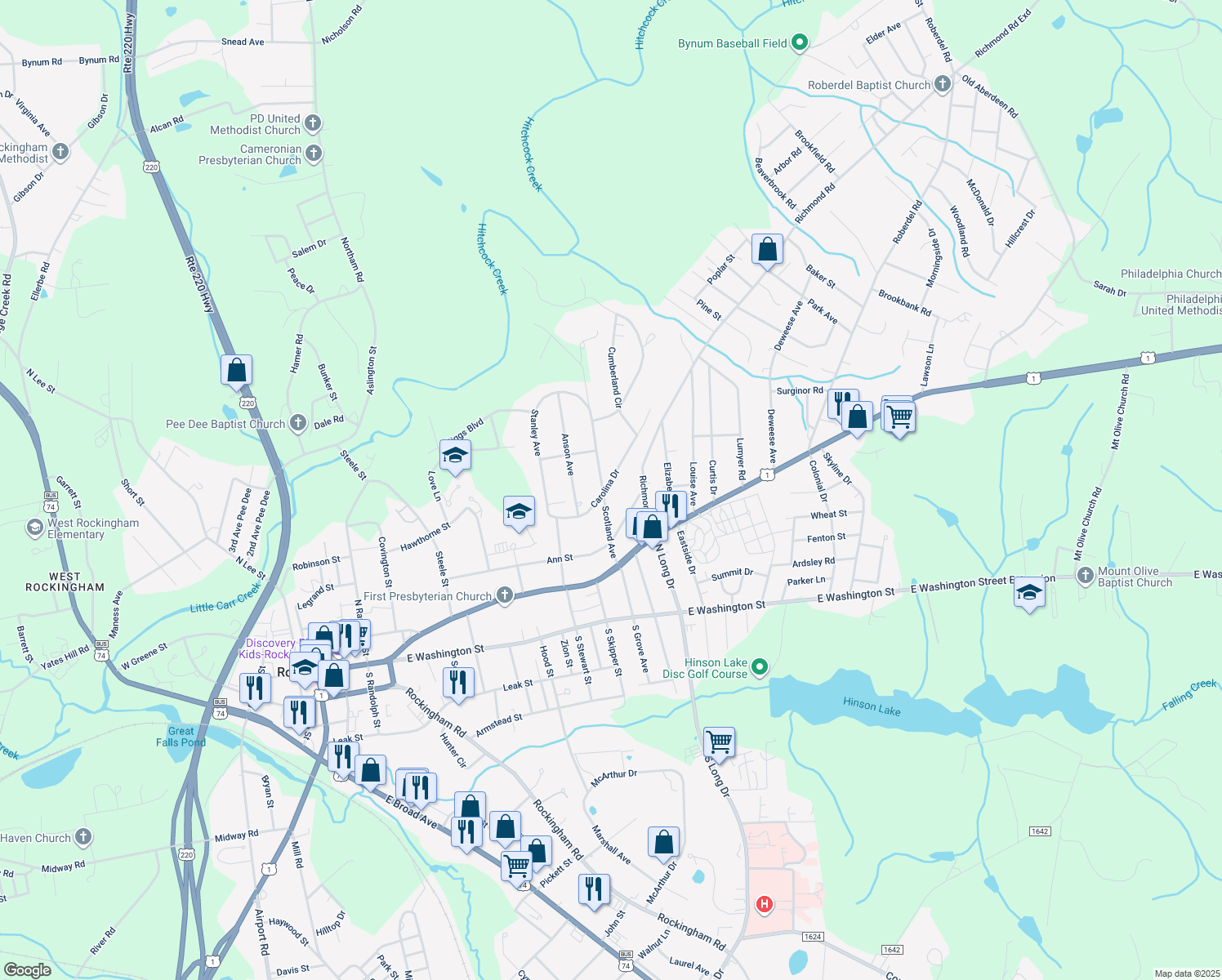 map of restaurants, bars, coffee shops, grocery stores, and more near 1306 Carolina Drive in Rockingham