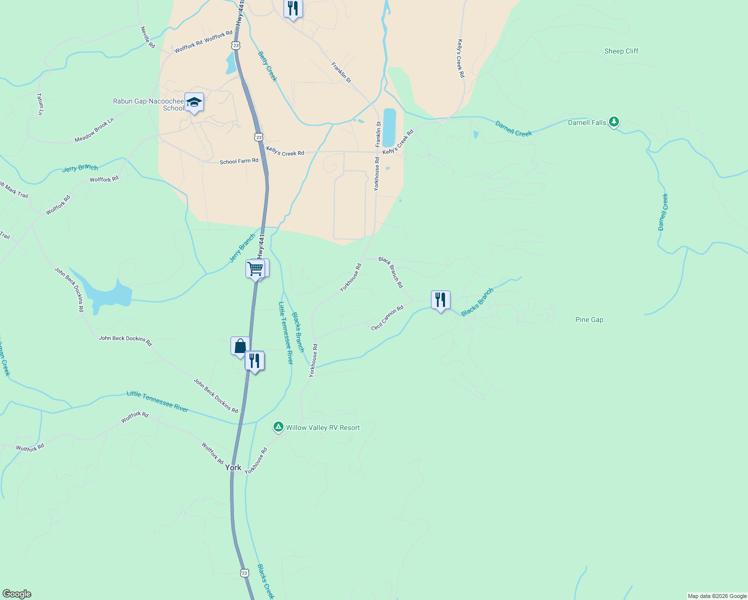 map of restaurants, bars, coffee shops, grocery stores, and more near 178 Troy Lane in Rabun Gap