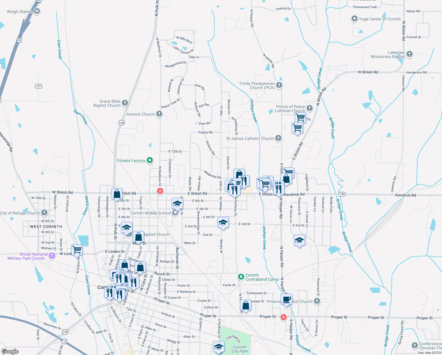 map of restaurants, bars, coffee shops, grocery stores, and more near 1598 Magnolia Rd in Corinth