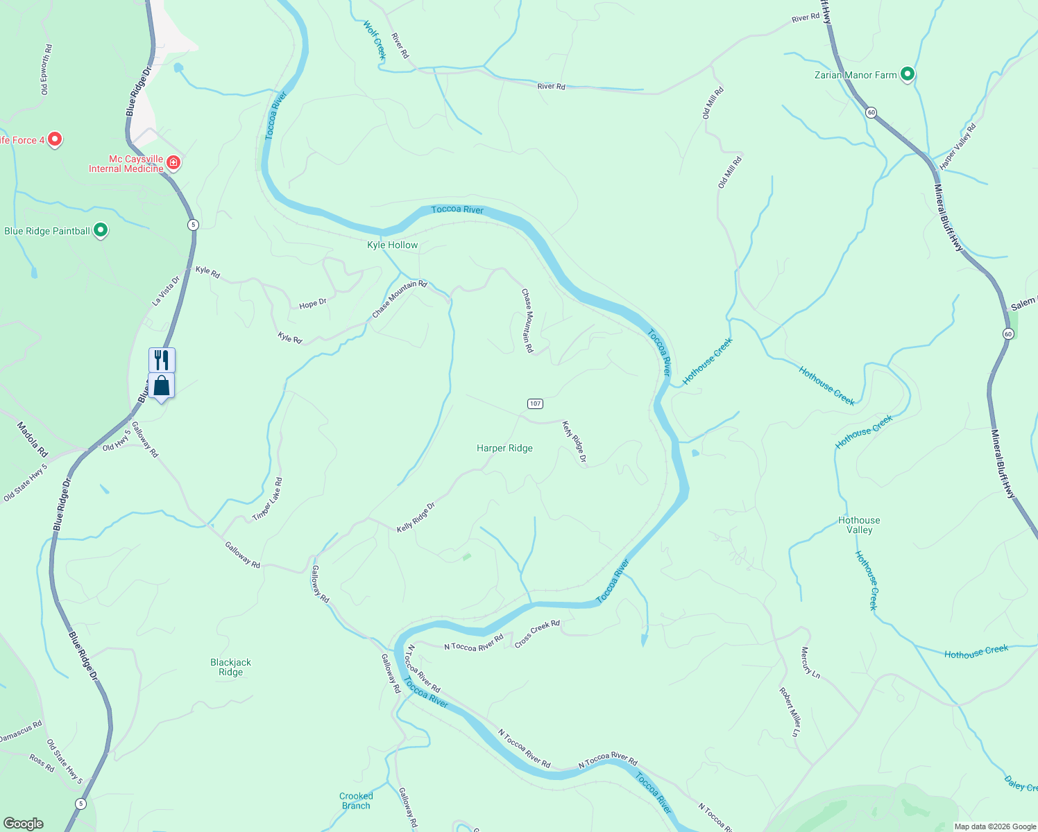 map of restaurants, bars, coffee shops, grocery stores, and more near 1119 Curtis Ridge in Blue Ridge