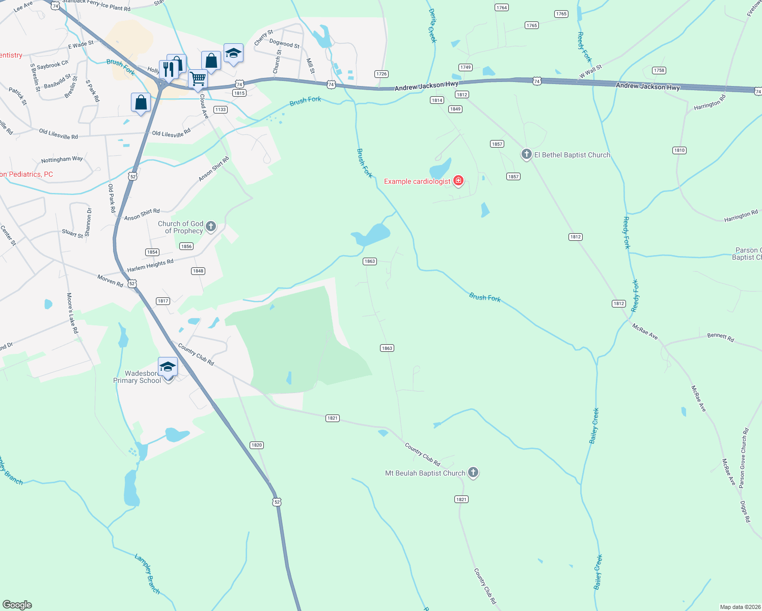 map of restaurants, bars, coffee shops, grocery stores, and more near 394 Gold Mine Road in Wadesboro